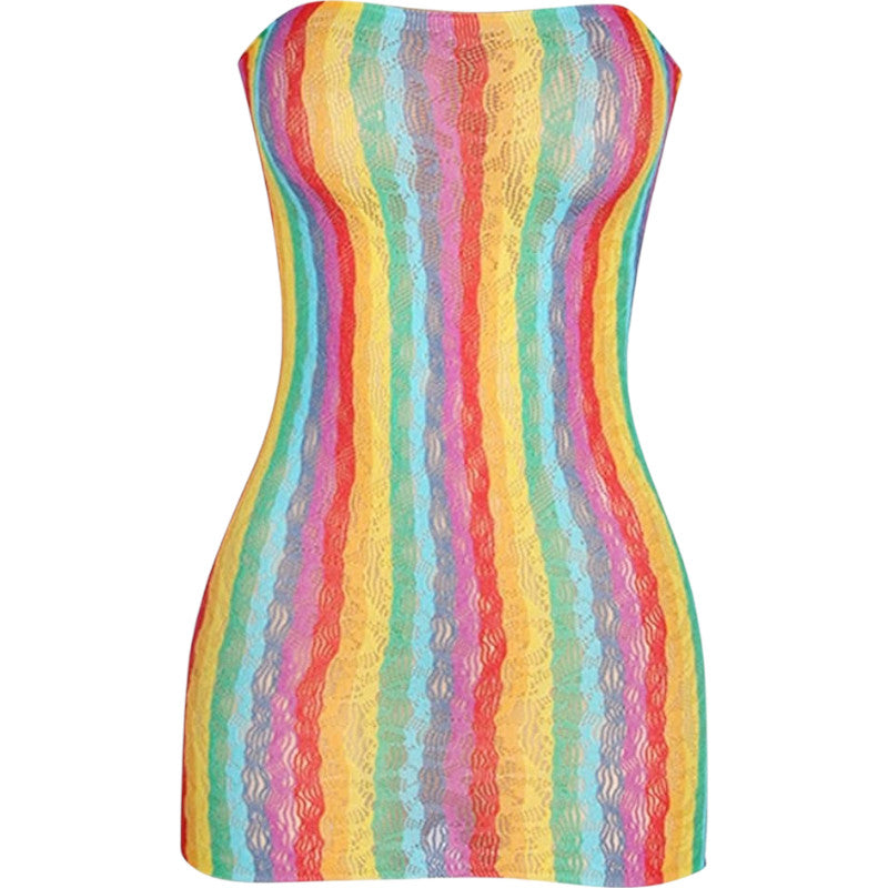 Vestido Sem Alça Arrastão Praia Colorido Carnaval Transparente
