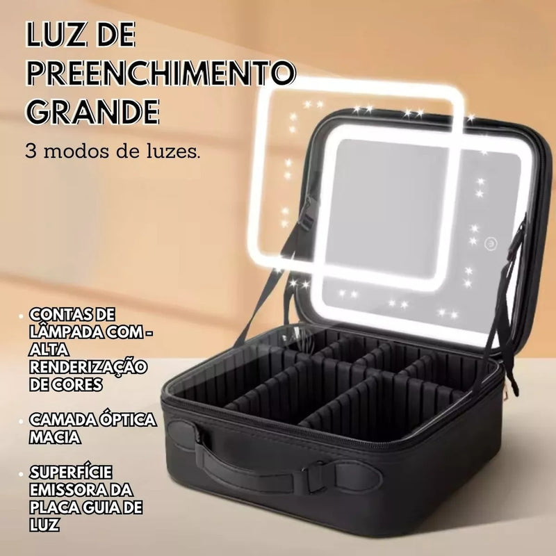 Maleta Necessaire Resistente Maquiagem Com Espelho e Luz Led Usb Com Cabo